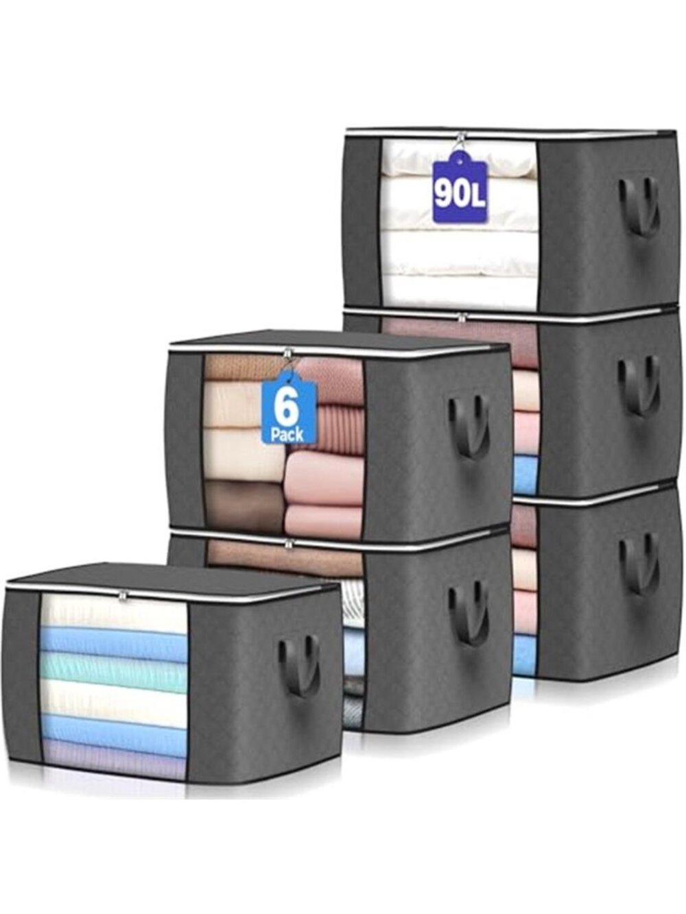 90 L Large Storage Bags, 6 Pack Clothes Storage Bins Foldable Closet Organizers